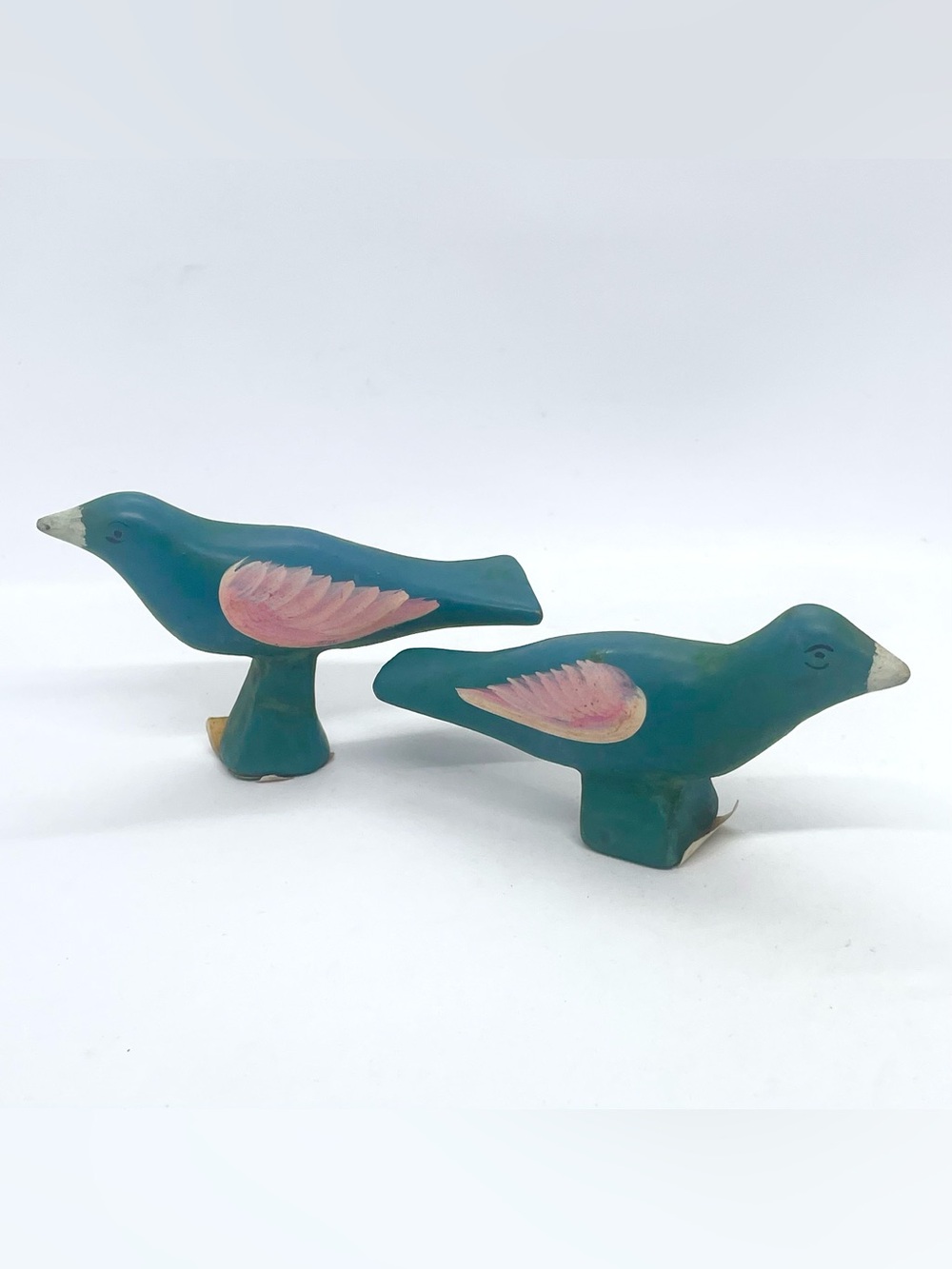 Vintage Hand Carved Wood Bluebird Pair Hand Painted Teal Pink Wings Folk Art
